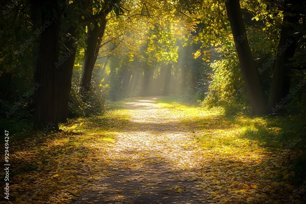 Poster serene forest path with sunlight filtering through the lush verdant foliage creating a dappled lumin