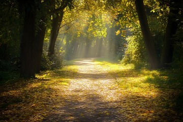 Obraz premium Serene forest path with sunlight filtering through the lush verdant foliage creating a dappled luminous pattern on the ground below A peaceful natural scene evoking a sense of tranquility and