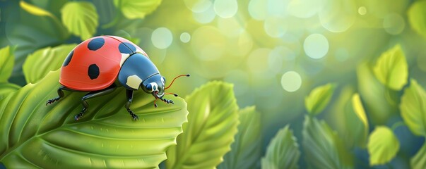 Ladybug Perched on a Green Leaf with Bokeh Background
