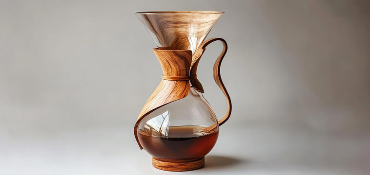 Elegant wooden coffee brewer with glass body, perfect for brewing rich and aromatic coffee at home or in a cafe.