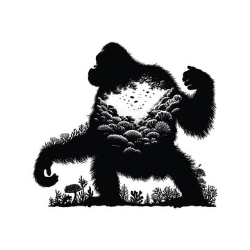 recommend clip art: silhouette of orangutan filled with underwater view with coral in rough drawing,