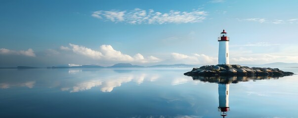 Obraz premium Solitary Lighthouse on a Calm Sea with Reflection and Distant Mountains