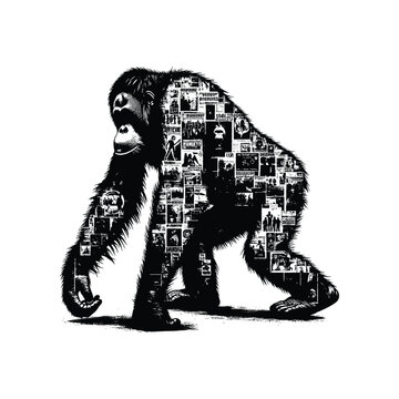 recommend clip art: silhouette of orangutan filled with vintage punk's poster collage wall in rough drawing,
