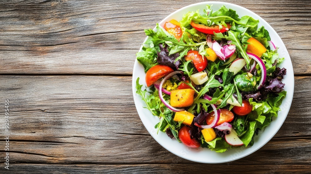 Poster a fresh salad with colorful vegetables and leafy greens arranged on a white plate, placed on a rusti