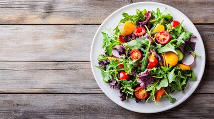 A fresh salad with colorful vegetables and leafy greens arranged on a white plate, placed on a rustic wooden table with ample copy space on the left.