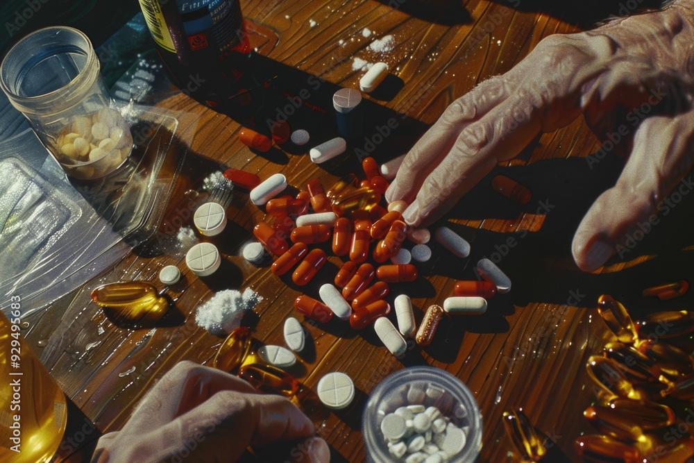 Poster A colorful pill container filled with various pills and capsules