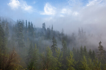 Beautiful landscape of mountains in fog. Oregon, USA