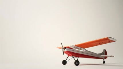 Little orange and white toy plane sits on a white surface with a simple white backdrop
