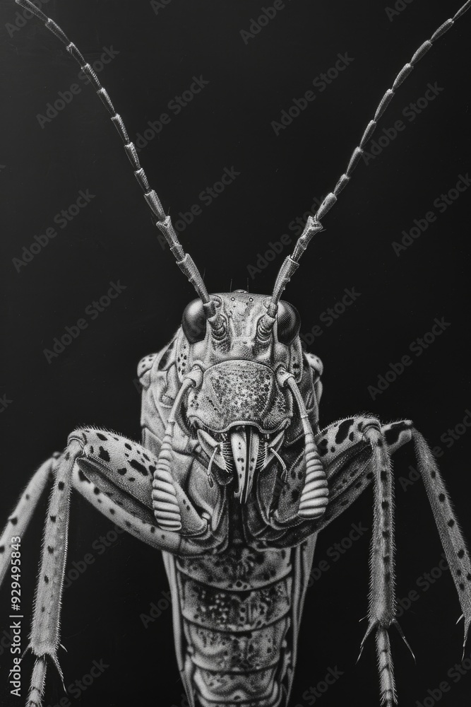 Poster A close-up image of a bug in shades of gray, perfect for use as an illustration or design element