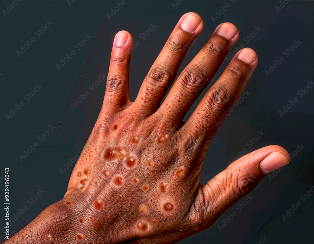 Wall mural mpox / monkeypox .virus. epidemic. close-up of the back of a young man's hand, covered in monkeypox 