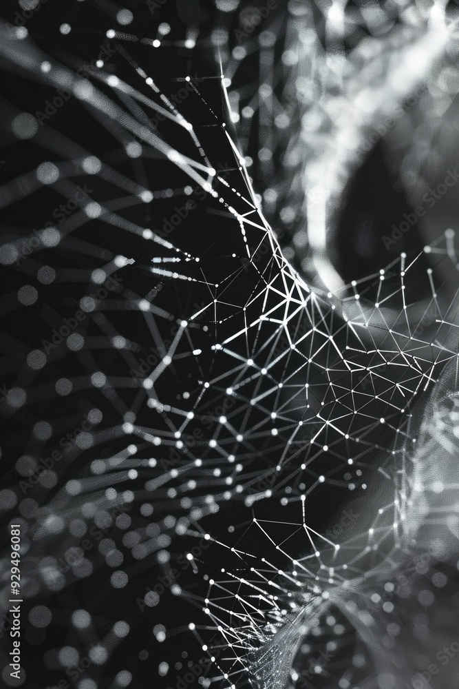 Poster a close-up shot of a intricate spider web in black and white