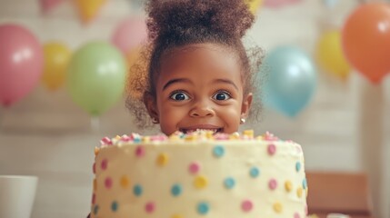 Excited black girl and birthday cake. Birthday celebration