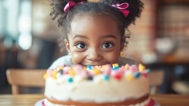 Excited black girl and birthday cake. Birthday celebration