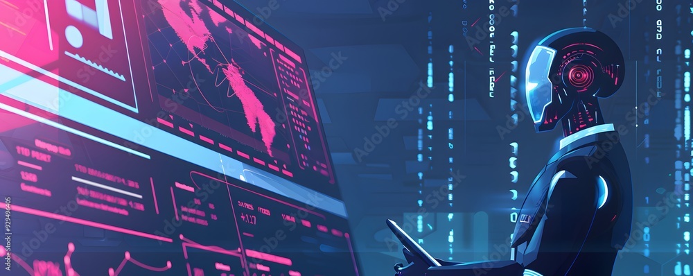 Poster ai robot examining digital data on a futuristic screen