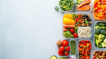 A meal prep plan with containers of healthy food, with space for copy or logos on a clean background.