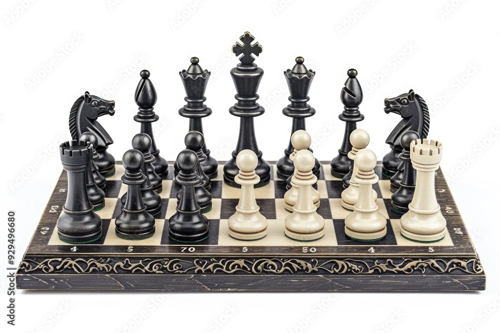 Poster Classic chess setup with chess pieces on a checkered board, suitable for use in educational or commercial contexts
