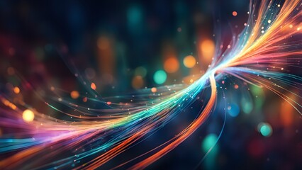 A colorful, swirling line of light with a blue background