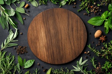 Aromatic Culinary Canvas: Round wooden cutting board framed by fresh herbs and spices on dark background, inviting culinary creativity. 