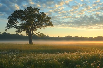 Obraz premium A serene landscape featuring a solitary tree in a misty field at sunrise.