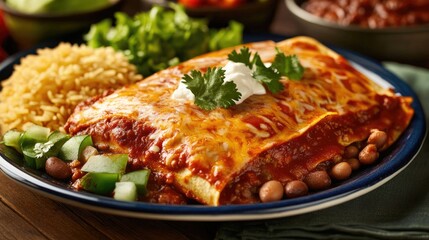 A plate of enchiladas with a side of rice and beans, with ample space for menu content.