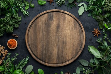 Rustic Chef's Canvas: Empty wooden board on dark background, adorned with fresh herbs and spices, inviting culinary creativity.