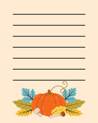 Notepad page autumn leaves leaves and pumpkins design. Template to do list, note, memo with vector illustrations. Paper sheets Design for planner, checklist, notebook, card and other stationery.