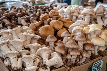 Fototapeta premium Variety of fresh mushrooms displayed at a market, detailed and earthy, Farmers Market, fresh mushrooms