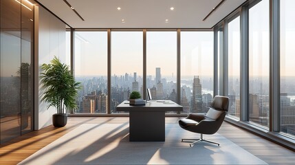 A corner office workspace for a manager, featuring large windows, a minimalist desk setup, and a comfortable lounge chair for visitors