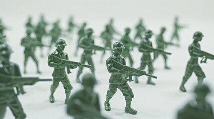 Toy soldiers in green advancing in military formation, symbolizing childhood play and strategy. Ready for battle, showcasing themes of conflict and defense