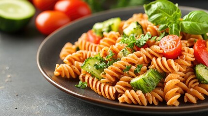 A plate of whole-wheat pasta with a side of fresh vegetables, with space for copy or branding.