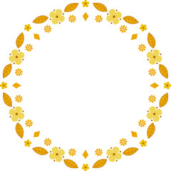 Flowers elements round frame in golden colors. Childish style invitation border