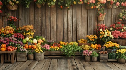 Fototapeta premium A rustic farmers market stall with fresh organic produce and flowers, with ample space for copy.