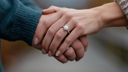 A close-up image of a couple holding hands, highlighting a diamond engagement ring on the woman's finger.
