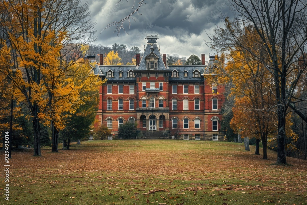 Poster A large red brick building with a clock tower, perfect for use in cityscape or architecture images