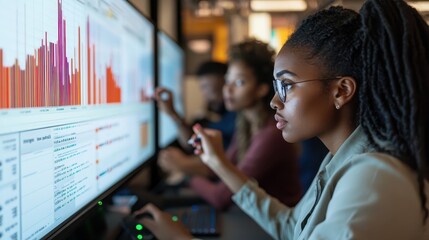 Team members engage in collaborative data analysis using advanced technology