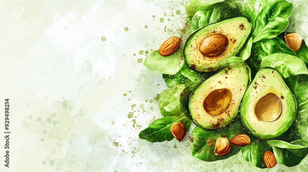 Poster a stylish vector of a green salad with avocado and nuts, placed on a light background with room for 
