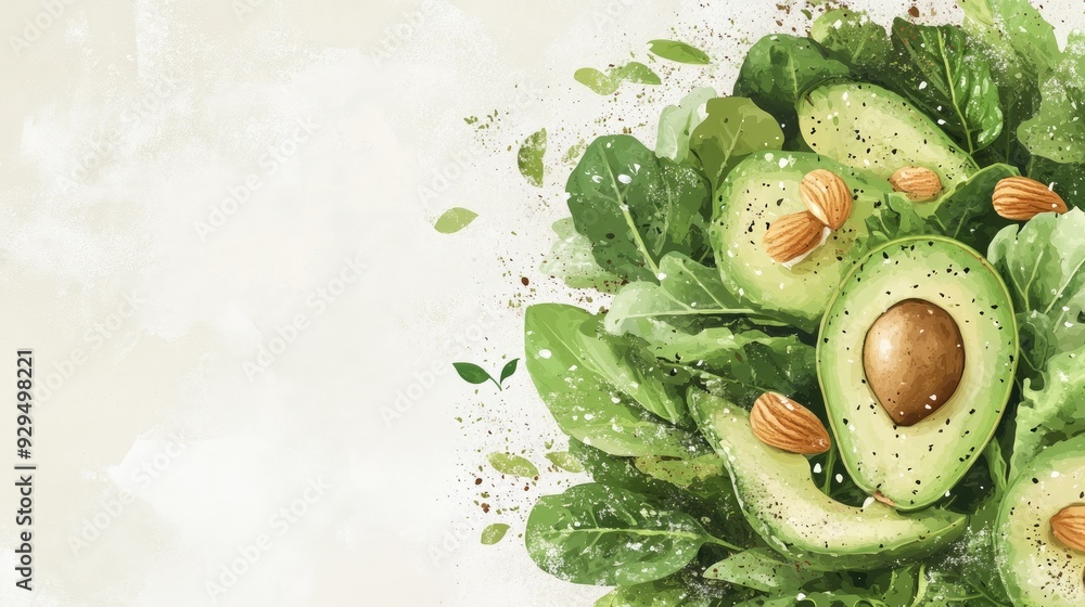 Poster a stylish vector of a green salad with avocado and nuts, placed on a light background with room for 
