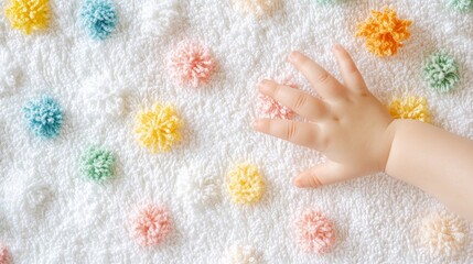 Tiny Hand, Cozy Dreams: A baby's hand explores the soft, colorful pom-poms of a handmade blanket, evoking comfort, warmth, and childhood innocence. 