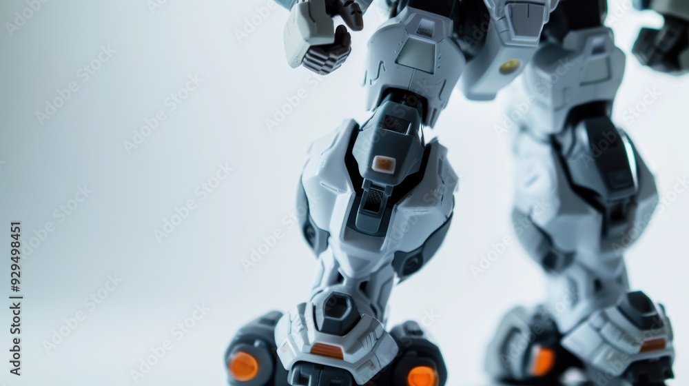 Poster close up of a futuristic robot standing with its knee forward, highlighting the detail in the mechan
