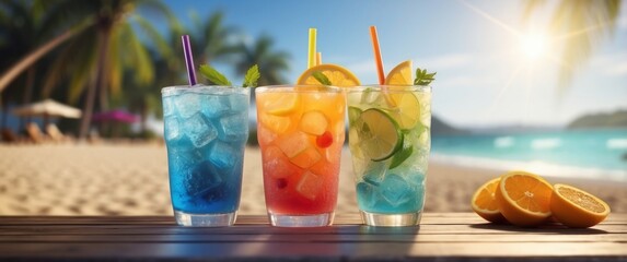 Three Refreshing Cocktails with Fruit Garnishes on a Beach Table