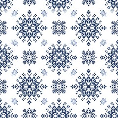 Seamless knitting pattern with blue snowflakes on white background. New Year and Christmas concept. Traditional Fair Isle style. Cozy winter design for print, banner, poster, paper, textile, fabric