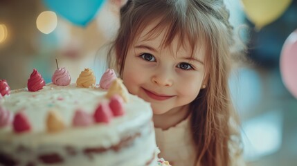 Cute little girl and birthday cake. Birthday celebration