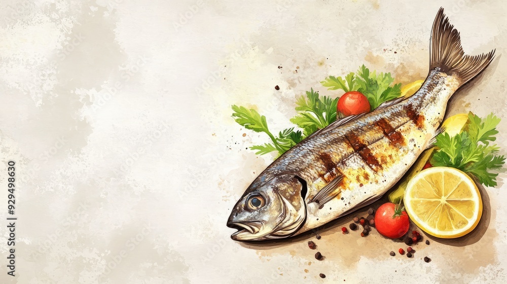 Poster a vector of a grilled fish fillet with vegetables, placed on a simple background with space for text