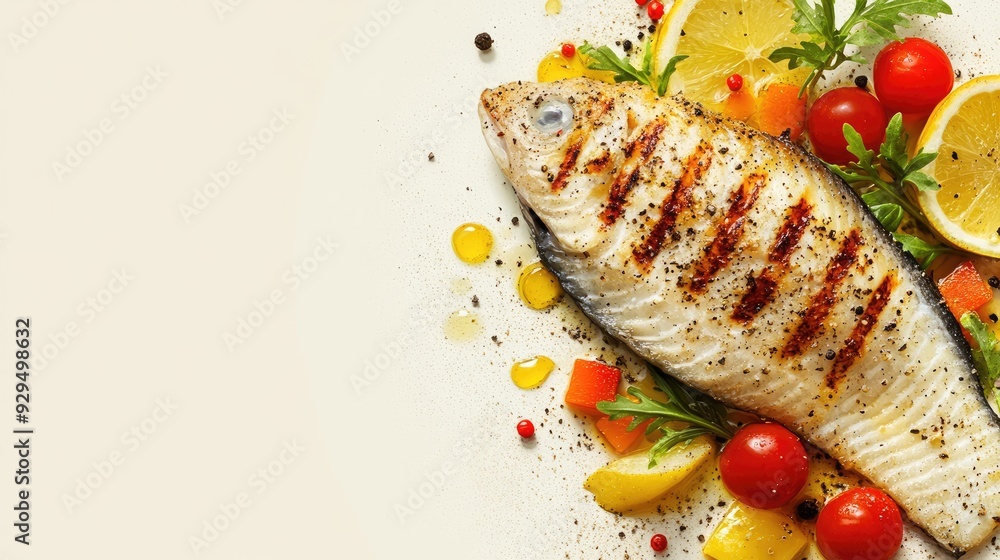 Poster a vector of a grilled fish fillet with vegetables, placed on a simple background with space for text