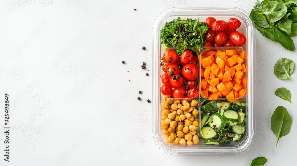 Poster a vector of a healthy meal prep container with balanced portions, set against a light background wit