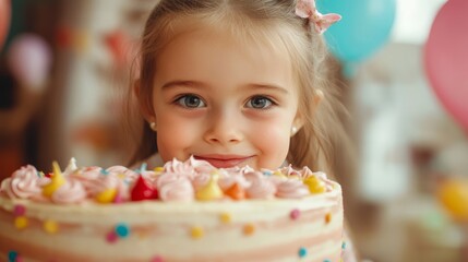 Cute little girl and birthday cake. Birthday celebration