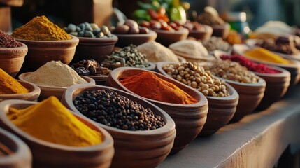Fototapeta premium Spice markets, vibrant aromas, dynamic flavors, global ingredients