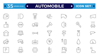 Automobile outline icon set. Shipping And Courier icon. Containing order tracking, delivery home, warehouse, truck, scooter, courier Sea Air, Date, Return Search Parcel.Editable stroke outline icon. 
