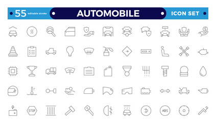 Automobile outline icon set. Shipping And Courier icon. Containing order tracking, delivery home, warehouse, truck, scooter, courier Sea Air, Date, Return Search Parcel.Editable stroke outline icon. 
