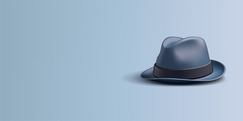 Dark blue hat for men, 3D. Classic realistic hat for gentlemen. Banner for concepts of classic fashion, successful men. Vector